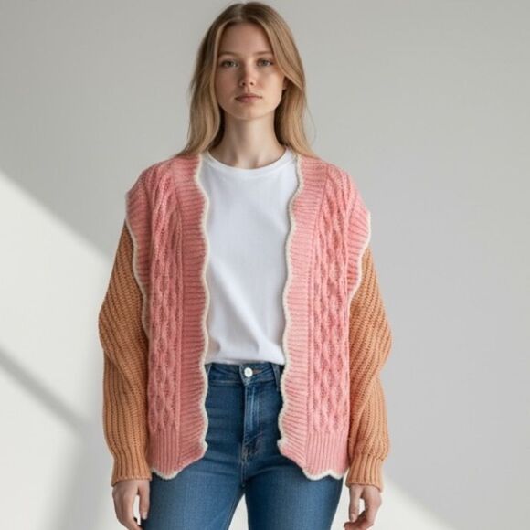 Vita Grace Mohair Wool Blend Pink and Tan Women's Cardigan Sweater - Picture 9 of 9
